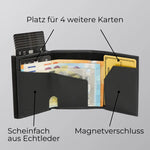 Charger l'image dans la galerie, 43693613252874;Scheinfach aus Echtleder;Unser Cardholder verfügt über ein elegantes Echtleder-Scheinfach und bietet Platz für bis zu vier zusätzliche Karten neben den sieben im Aluminium-Case.
